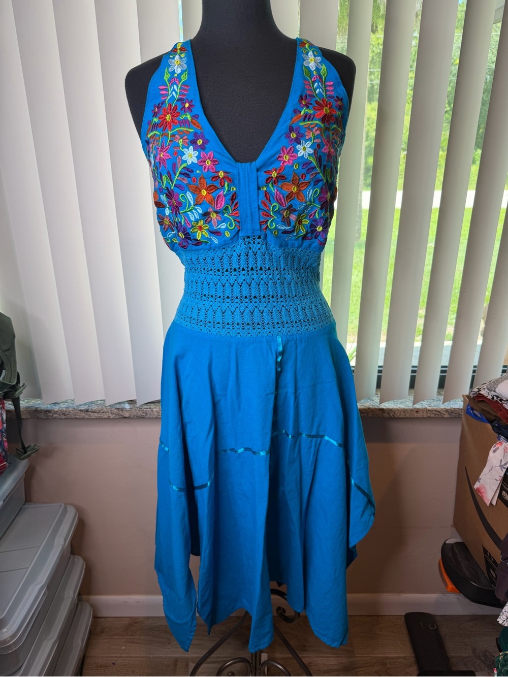 Nancy Alvarez halter dress turquoise blue colorful floral embroidery SZ XL